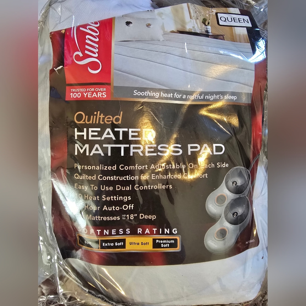 Sunbeam Heated Poly Queen Mattress Pad  5 Heat Settings Dual Queen New